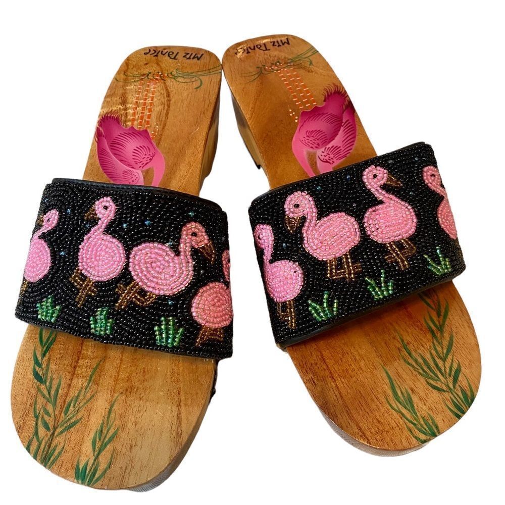Miz Tanice Beaded & Painted Pink Flamingo Wood Slides in ladies Sz 8.